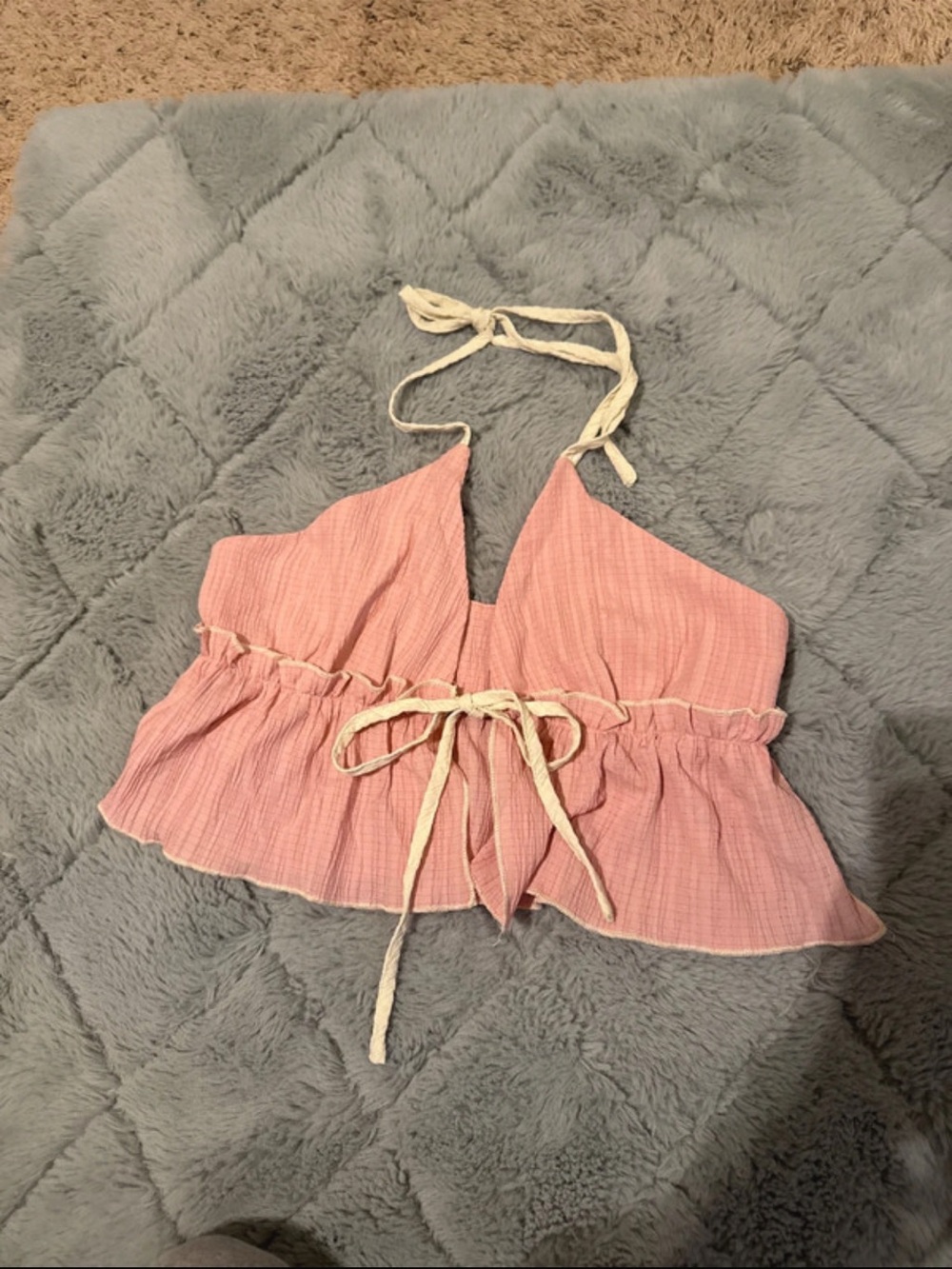 SHEIN Pink Halter Tie-Front Ruffle Crop Top